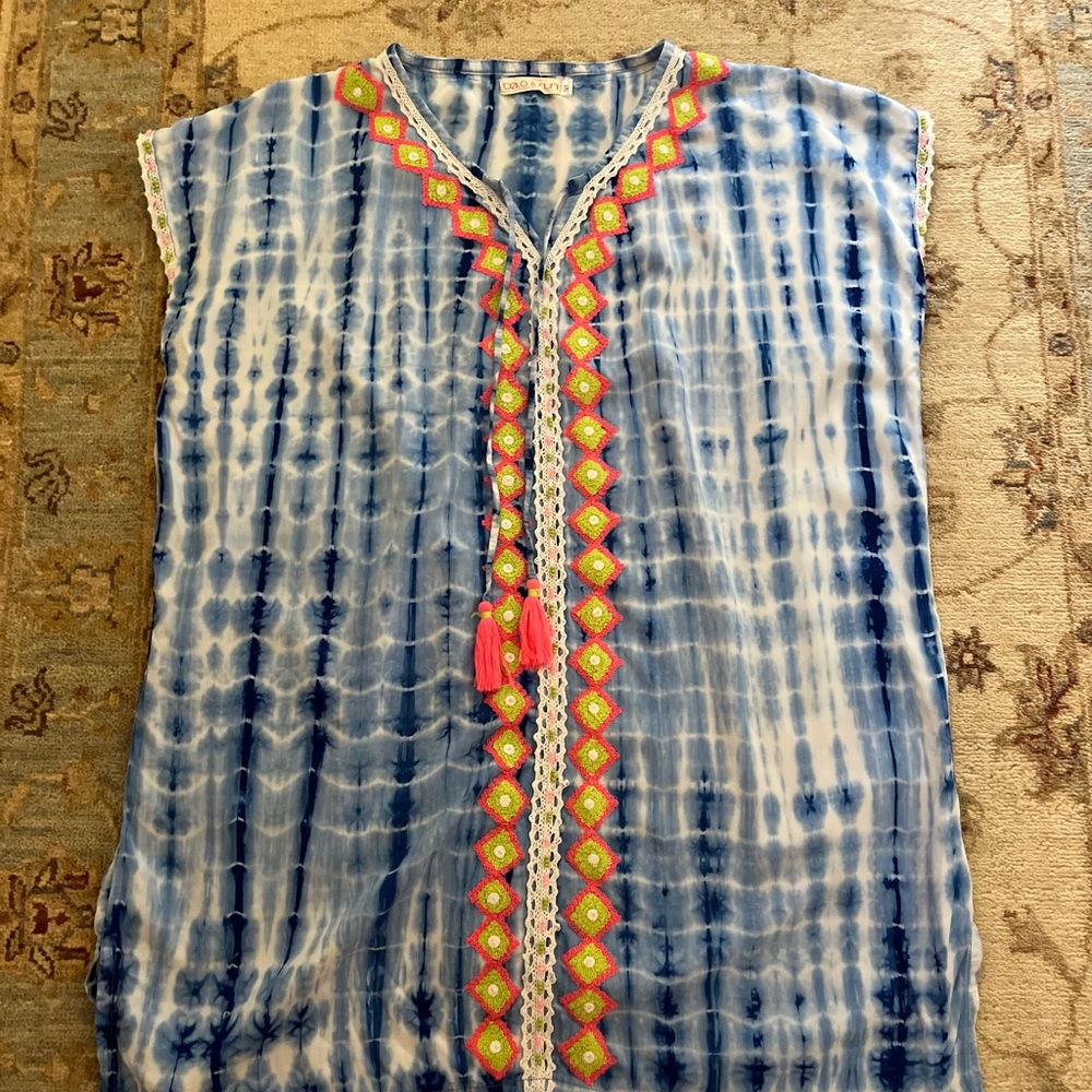Bela and Nuni Blue Tie-Dye Caftan Coverup with Vibrant Pink and Lime Embroidery